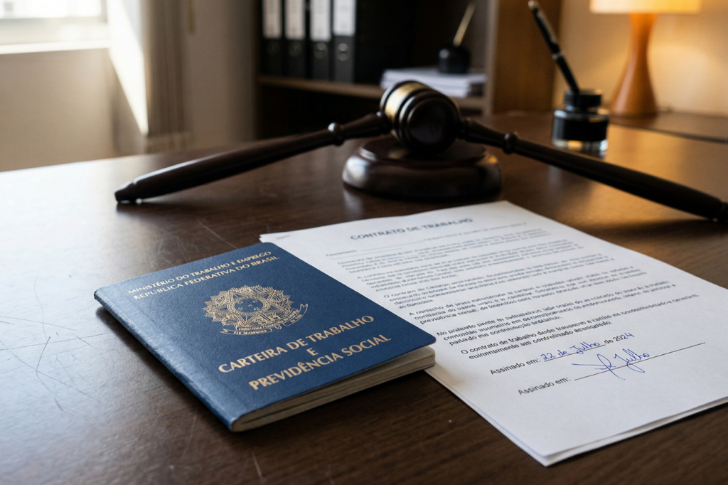 Documento de rescisão de contrato de trabalho por justa causa sobre mesa de escritório.